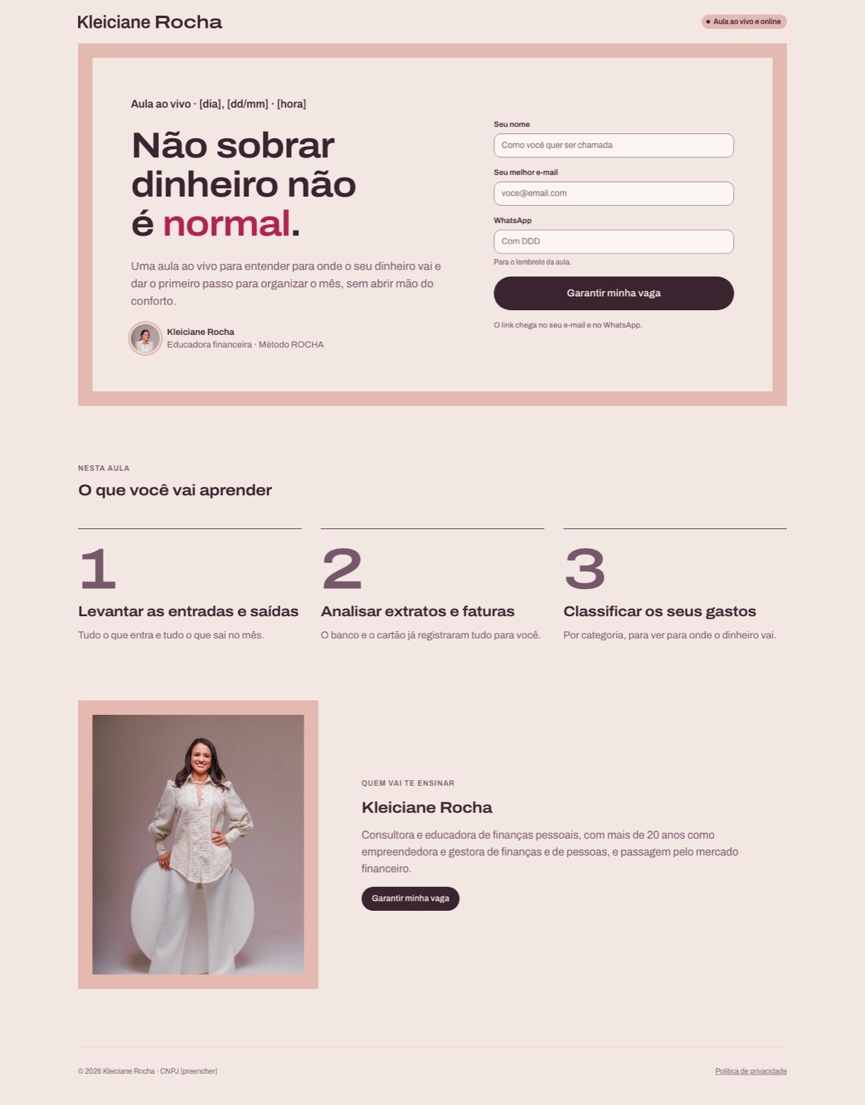 Página de inscrição em aula ao vivo